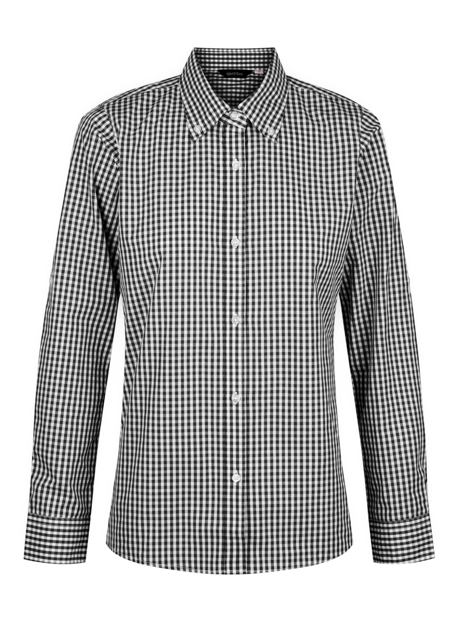 A black and white checkered ladies' long sleeve button-up shirt with a collar and branding.
