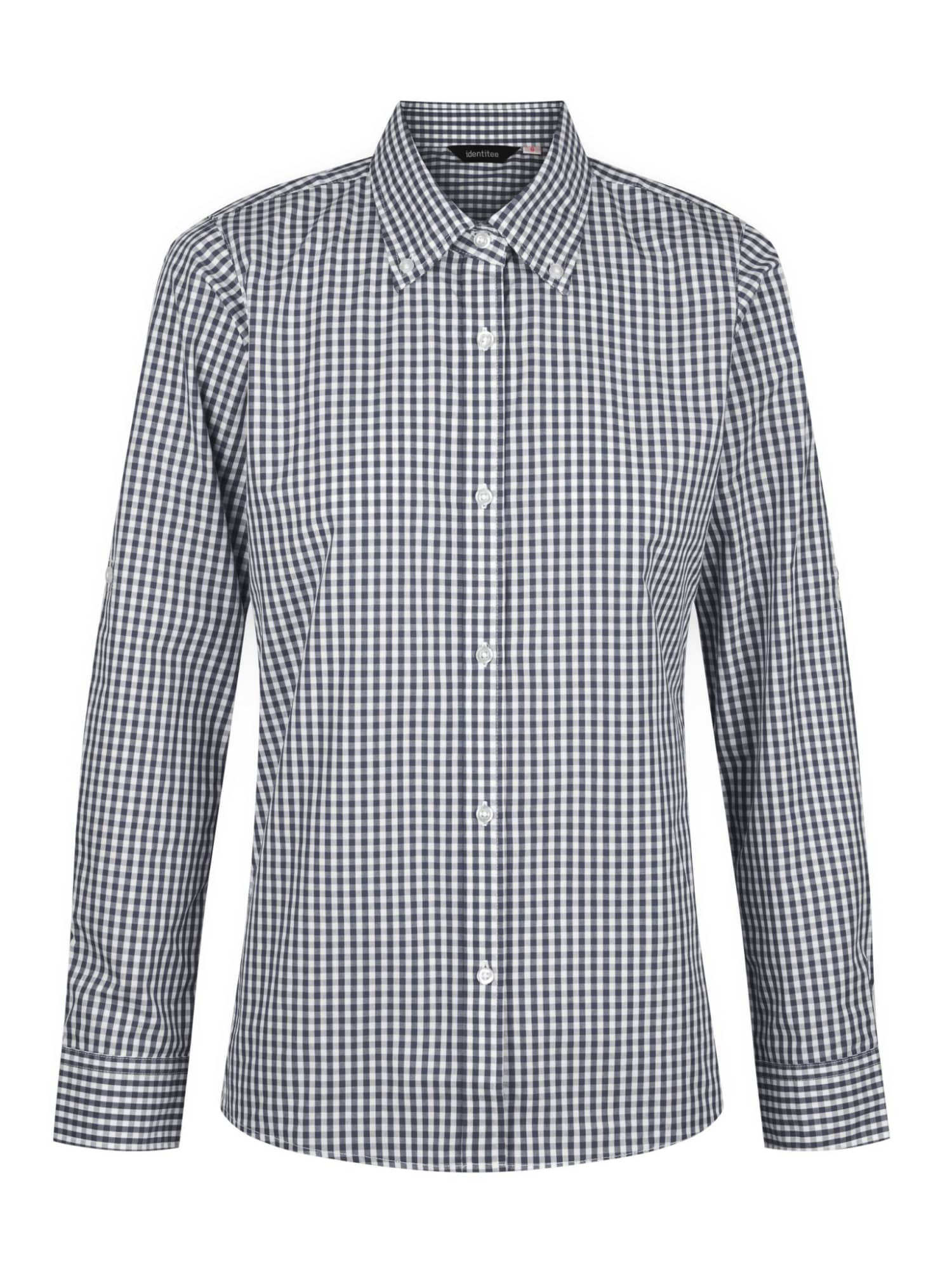 A ladies long sleeve button-up shirt in a black and white check pattern, featuring a logo.