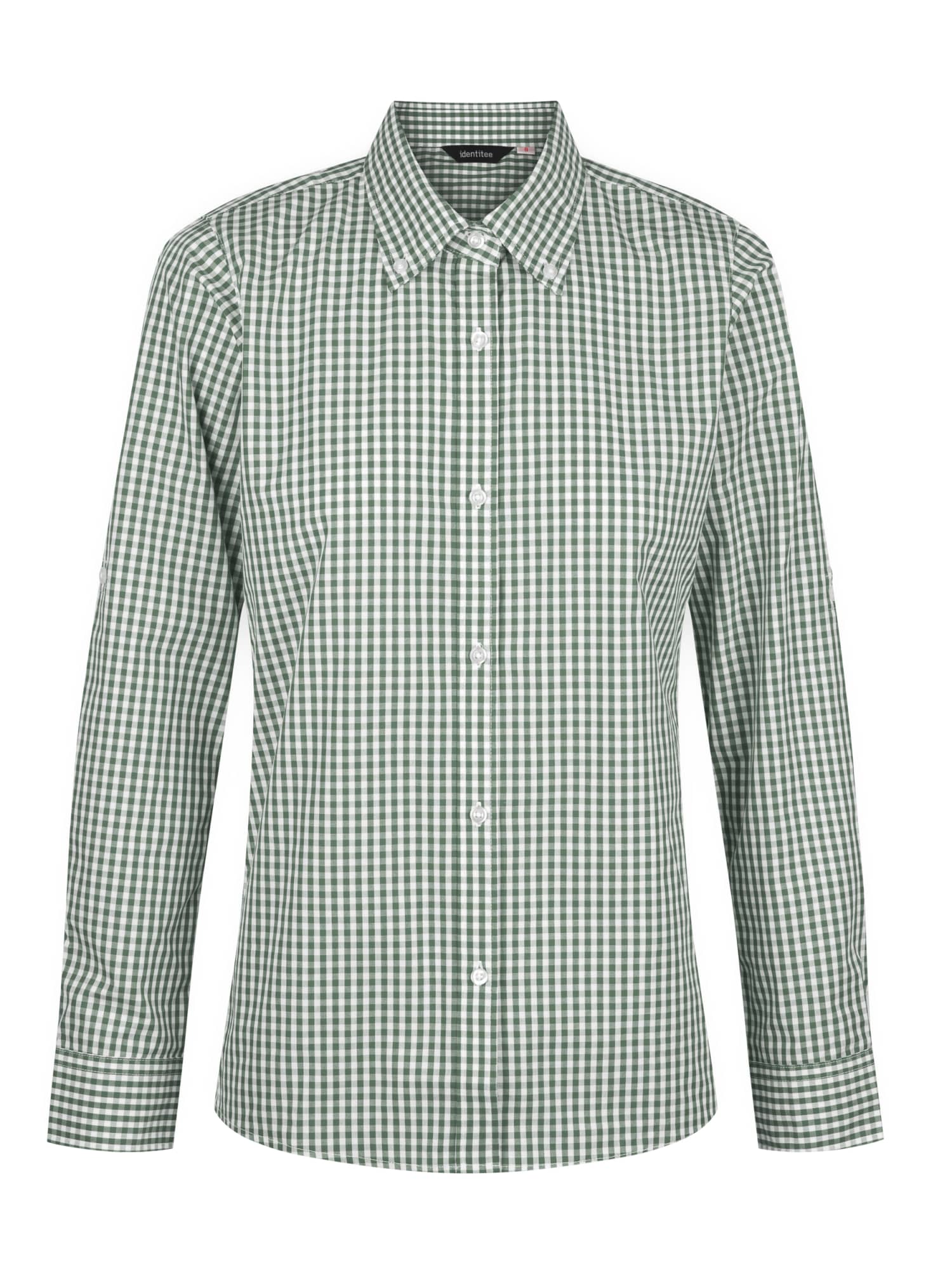 A green and white checked long sleeve button-up shirt featuring a collar and a logo.