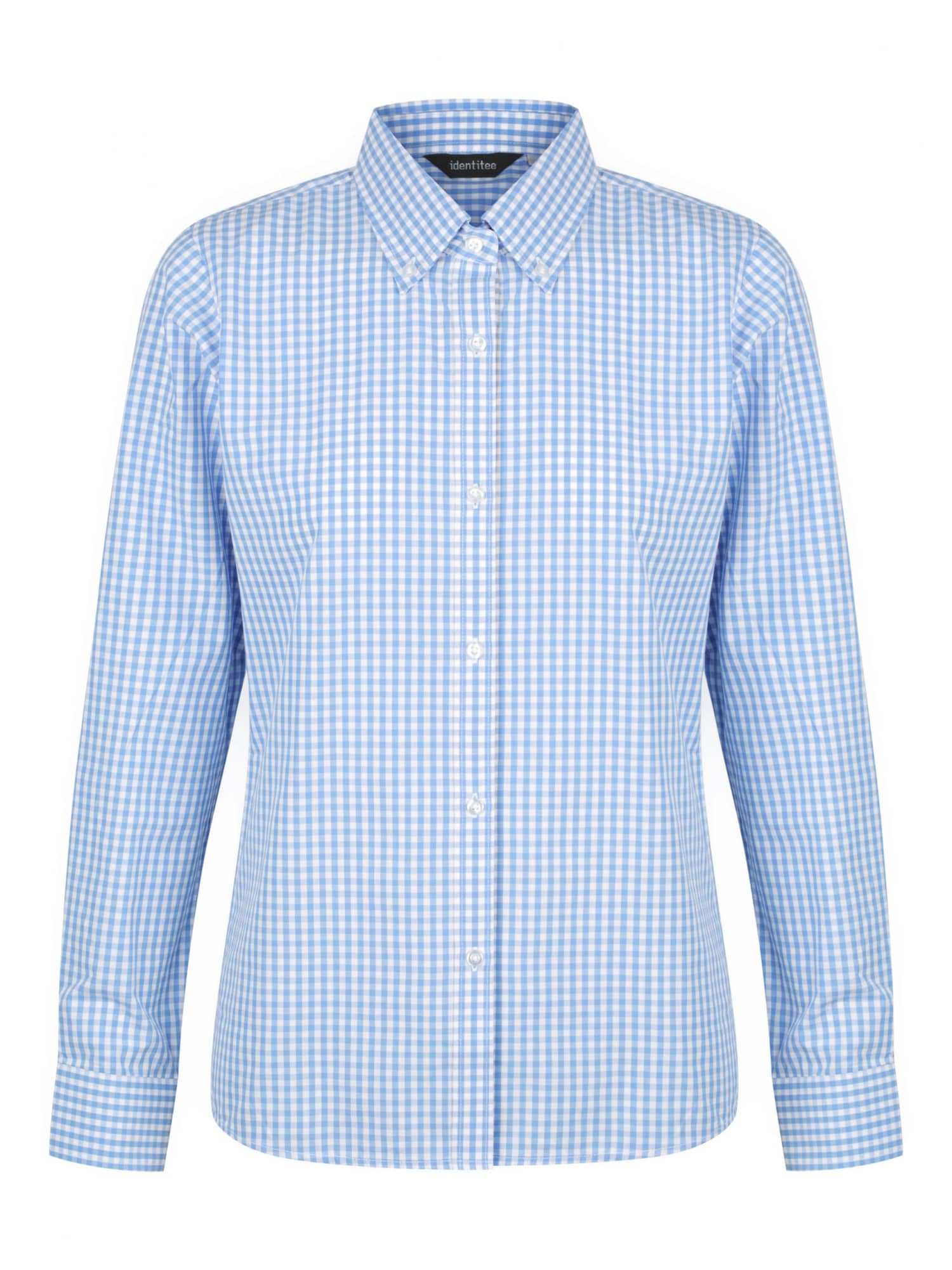 A blue and white checkered long sleeve button-up shirt with a collar and a logo on the chest.