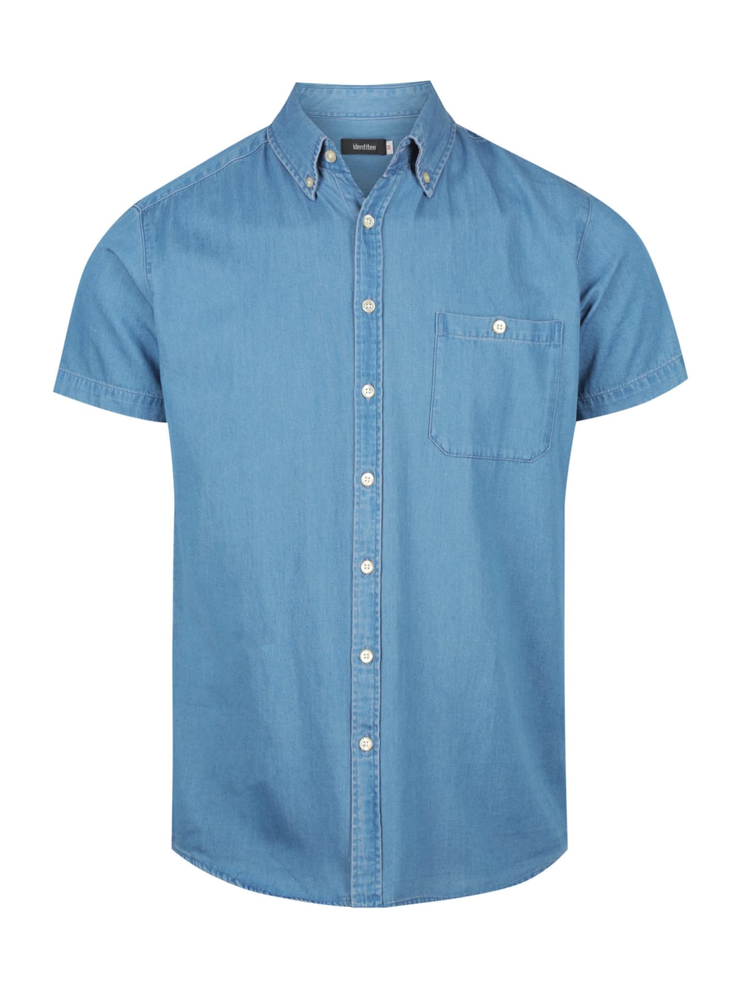 A light blue men's short sleeve button-up shirt with a front pocket and a logo on the collar.
