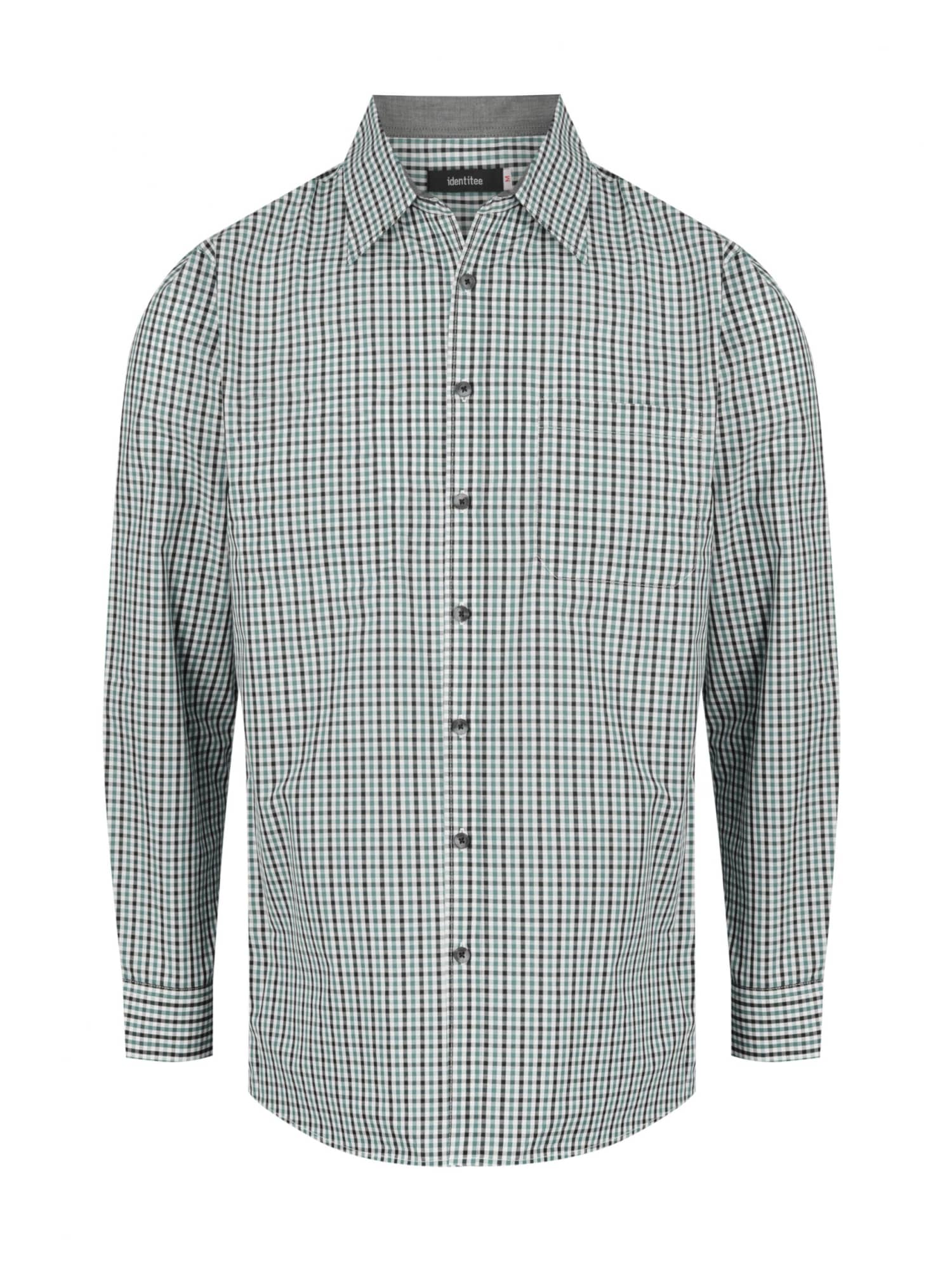 A green and white checkered long sleeve button-up shirt with a collar and logo detail.