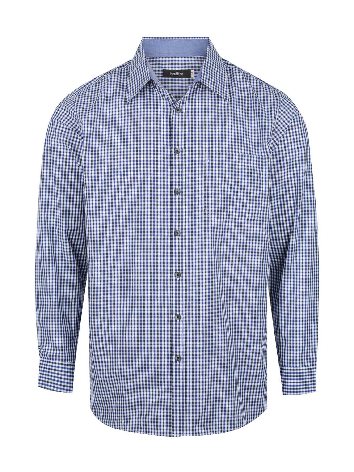 A blue and white check patterned long sleeve button-up shirt with a collar and front buttons.