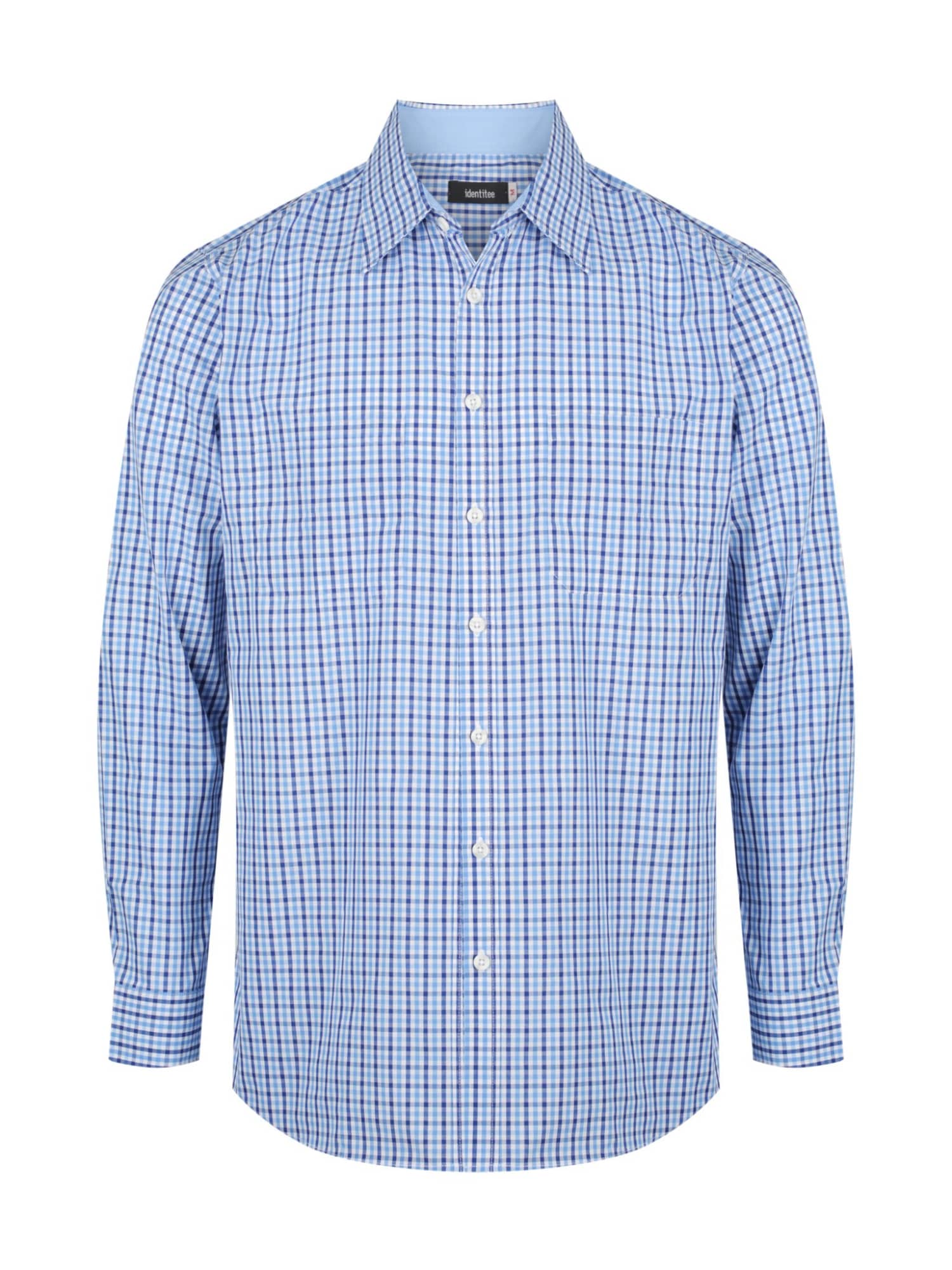 A men's long sleeve button-up shirt in blue and white check pattern, featuring a collar and button closure.