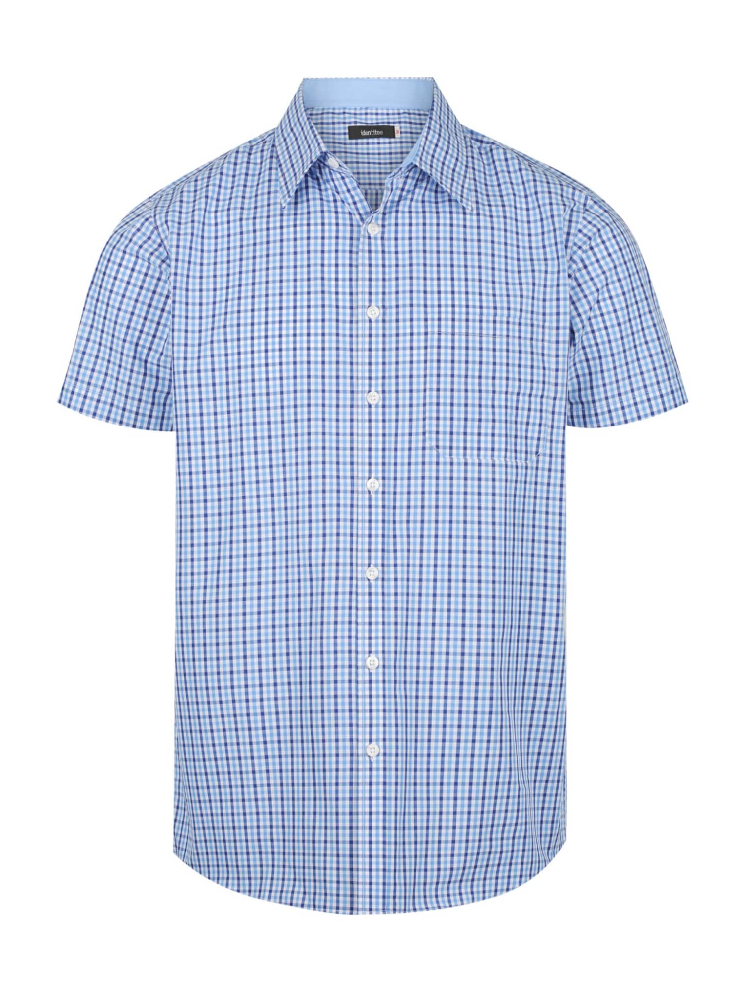 A blue and white checked short sleeve button-up shirt featuring a pocket and a logo on the chest.