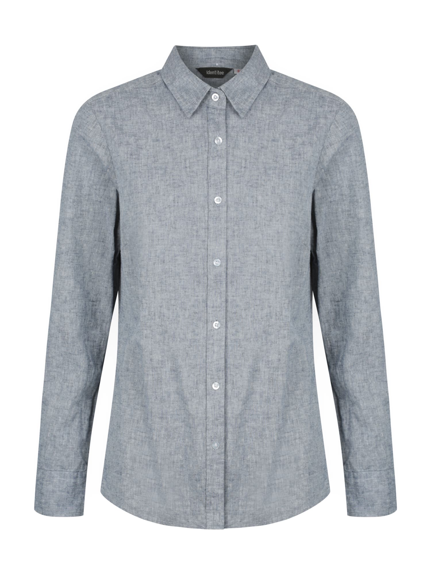 A grey long sleeve button-up shirt with a collared neckline and a single logo.