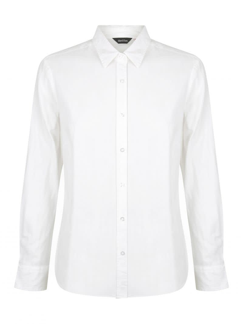 A white ladies long sleeve button-up shirt featuring a collar and a logo on the label.