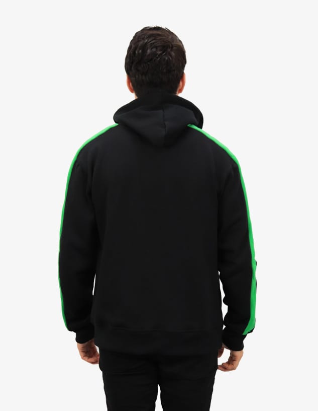 A black hoodie featuring green side stripes and a hood, displayed from the back with a logo present.
