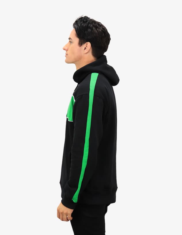 A black hoodie with green stripes on the sleeves. It features a logo on the front and a hood.