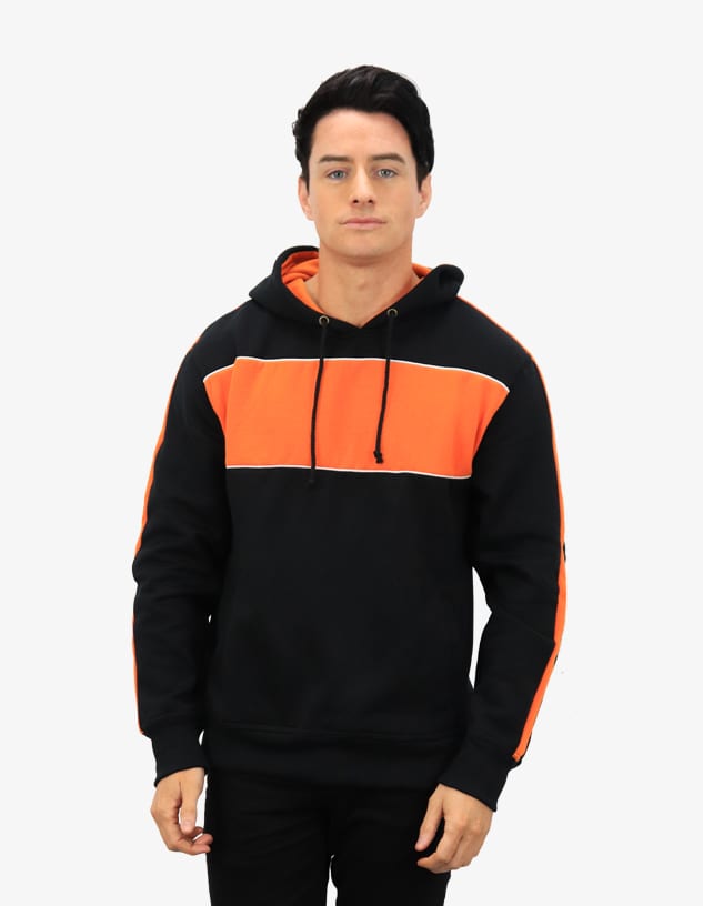 A black hoodie with orange stripes across the chest and arms, featuring a drawstring hood. It has a logo.