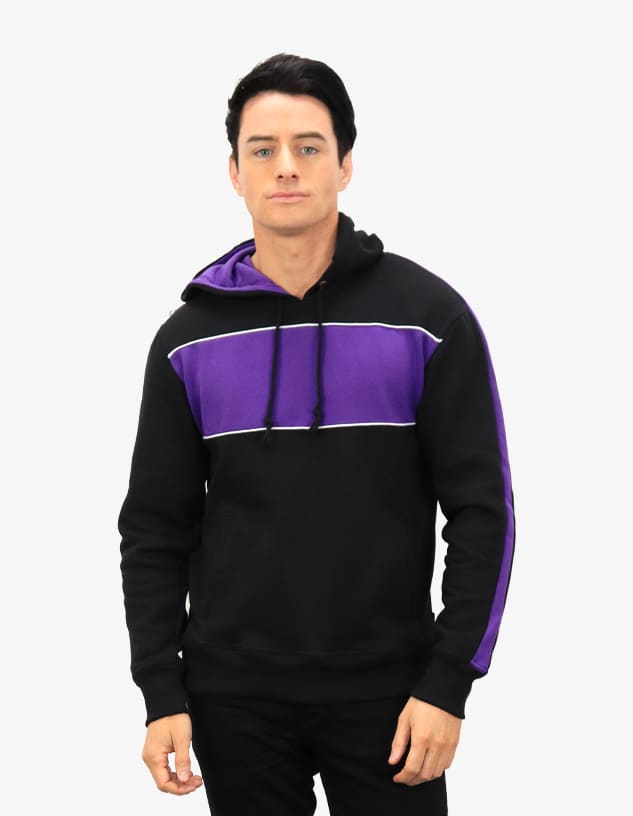 A black and purple hoodie with a contrasting stripe design and a front kangaroo pocket. It has a logo on the front.