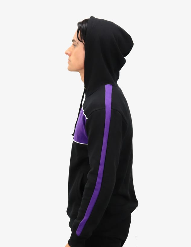 A black hoodie with purple accents and a logo, featured in a side profile view.