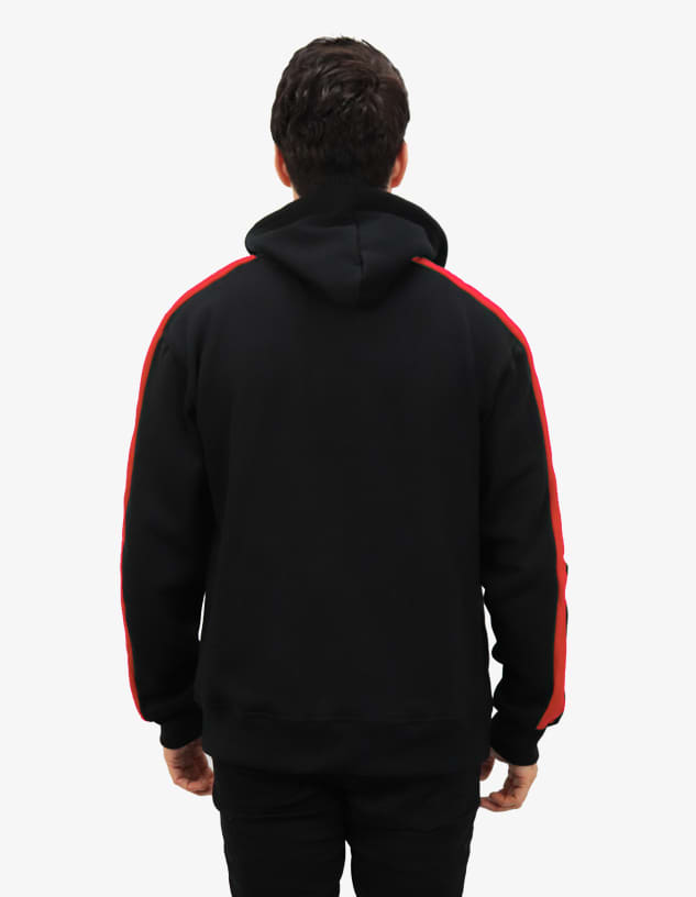 A black hoodie with red stripes along the sleeves, featuring a hood and a logo.