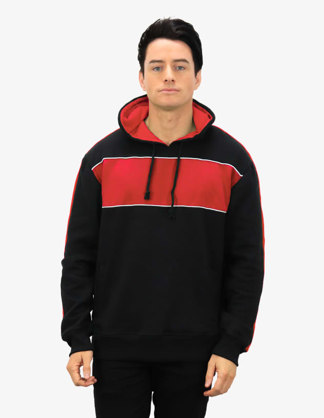 A black and red hoodie featuring a front design and a drawstring hood, worn by a model. It has visible logo branding.