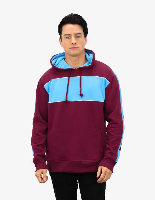 A maroon and blue hoodie featuring a front pocket and a hood. The design includes contrasting colour stripes.