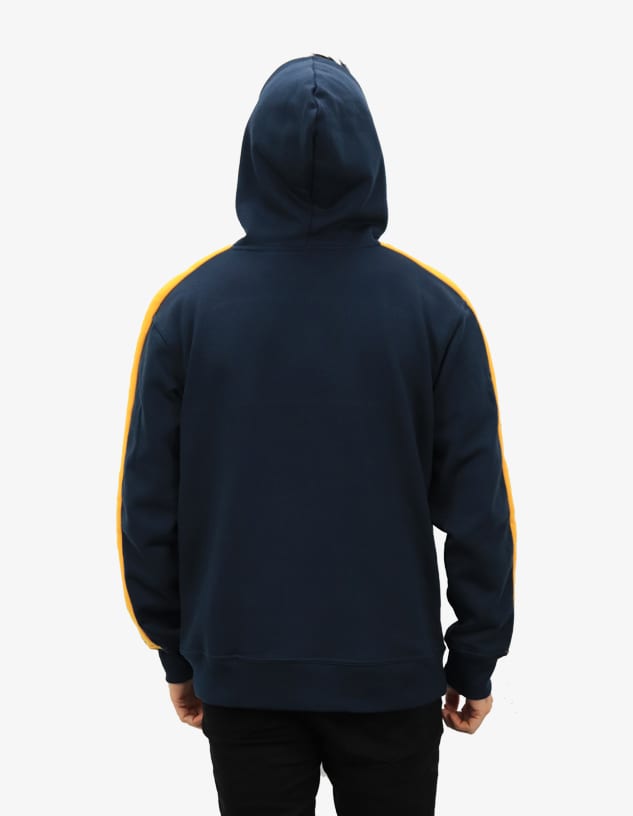A navy hoodie featuring yellow side stripes and a front kangaroo pocket. The back view shows the hood up.