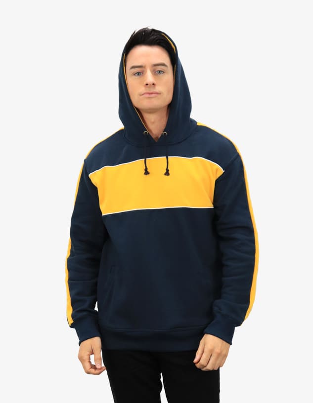 A navy and yellow hoodie with a hood and a logo, featuring a bold striped design.