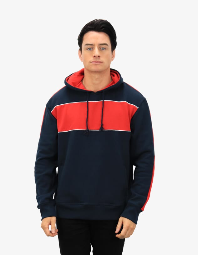 A navy and red hoodie with a contrasting stripe design and a front kangaroo pocket. It features a logo on the front.