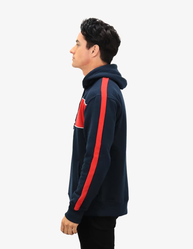 A navy hoodie featuring red side stripes and a logo. It has a relaxed fit and a hood.