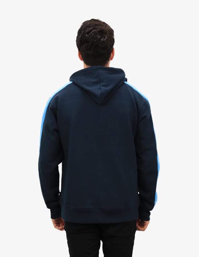 A navy blue hoodie featuring light blue side panels and a hood, viewed from the back.