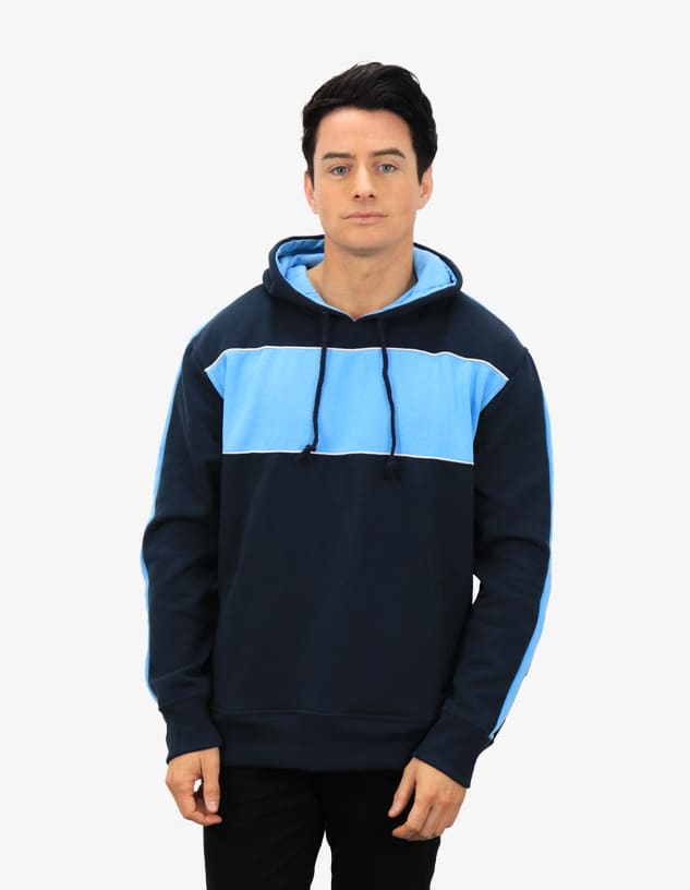 A navy blue hoodie with light blue horizontal stripes and a contrasting hood, featuring a drawstring and a logo.