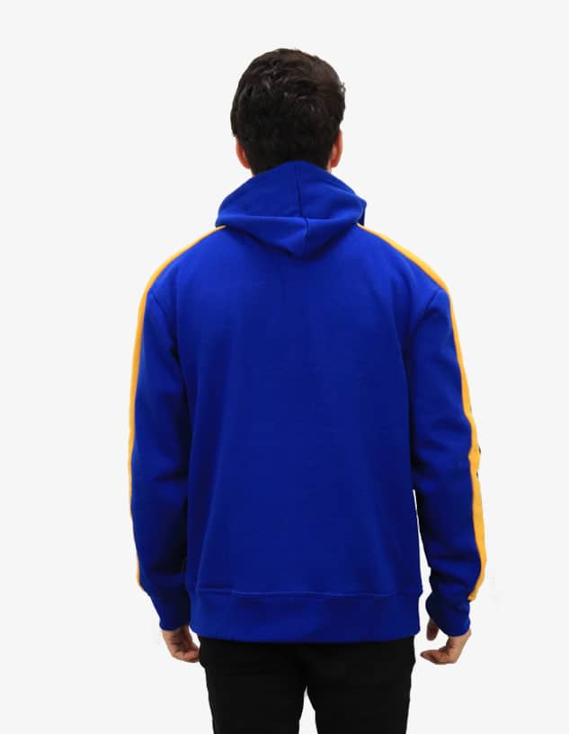 A blue hoodie with yellow stripes on the sleeves, featuring a hood and a logo on the front.
