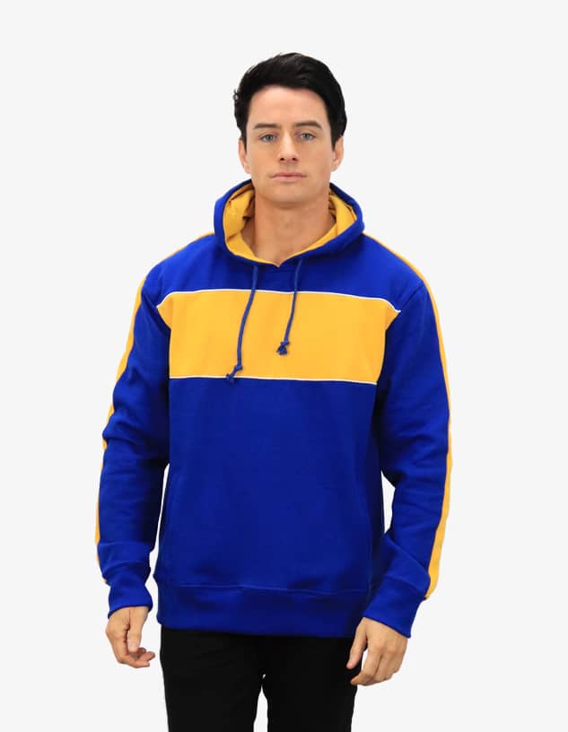 A blue and yellow hoodie featuring a colour-block design and a logo. The model is wearing the garment.