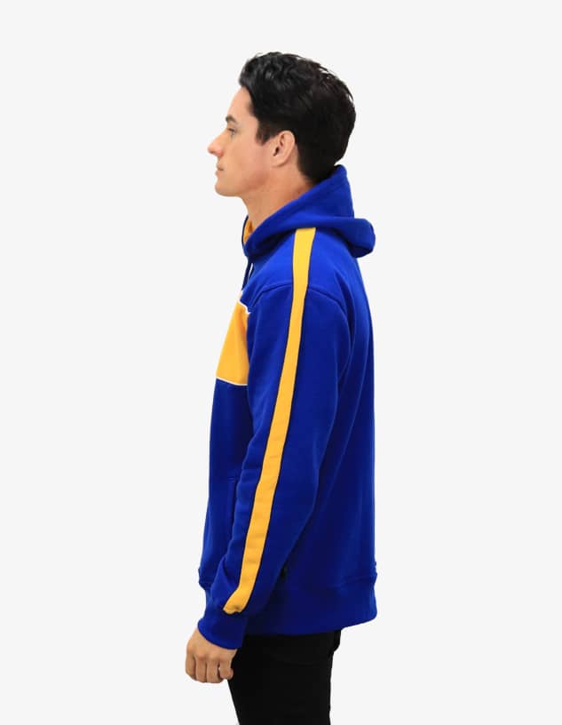 A blue hoodie with a yellow stripe and panel, featuring a hood and a logo.