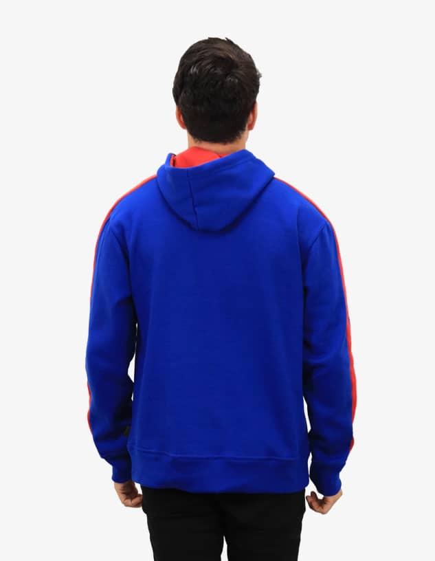 A blue hoodie with red accents, featuring a hood and a branded logo on the back.