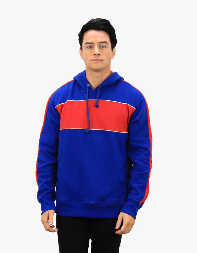 A blue hoodie with red stripes across the chest and down the sleeves, featuring a hood and a logo.