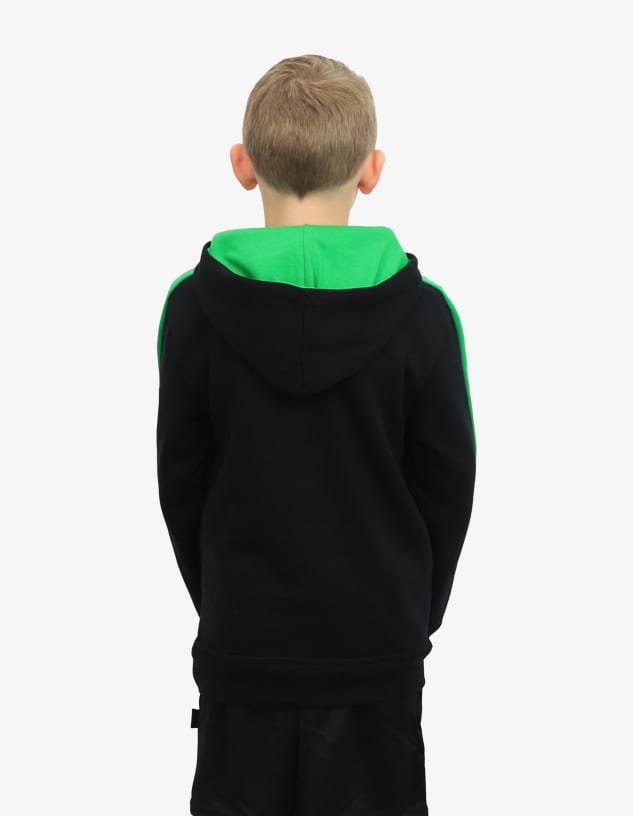 A black hoodie with a green hood, designed for children, featuring a logo on the back.