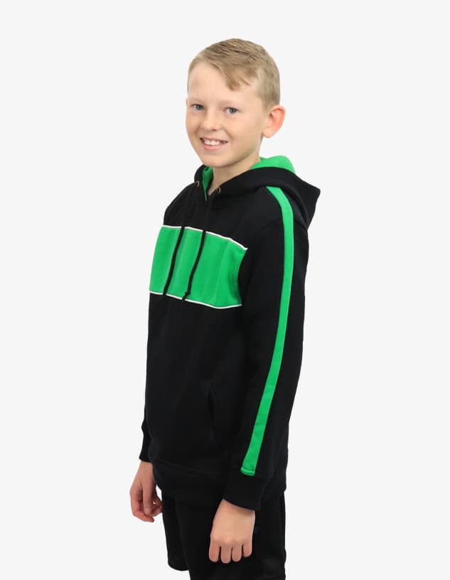 A hooded jumper in black with green accents, featuring a front pocket and a logo. Suitable for casual wear.