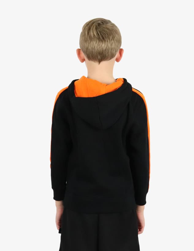 A black hoodie with orange accents, featuring a hood and a branding logo. Designed for casual wear.
