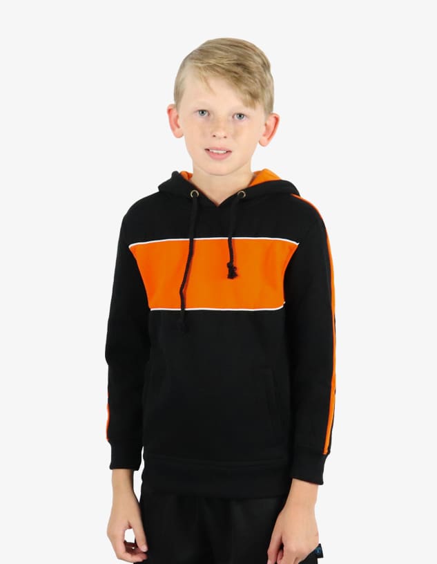 A black hoodie featuring orange stripes across the chest and down the sleeves, with an adjustable hood.