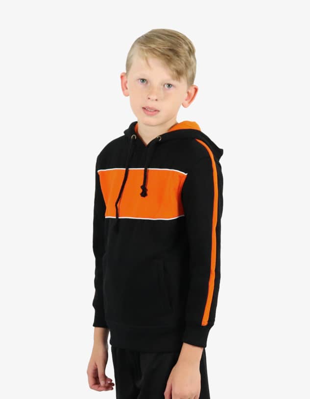 A black hoodie featuring orange stripes across the chest and down the sleeves, with a hood and drawstring.