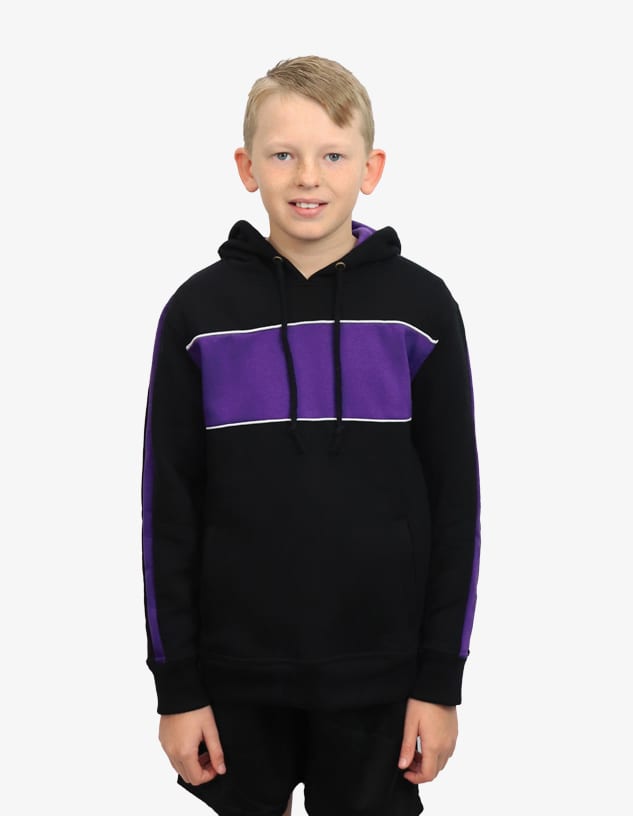 A black hoodie with purple stripes and a logo, featuring a front kangaroo pocket and drawstring hood.