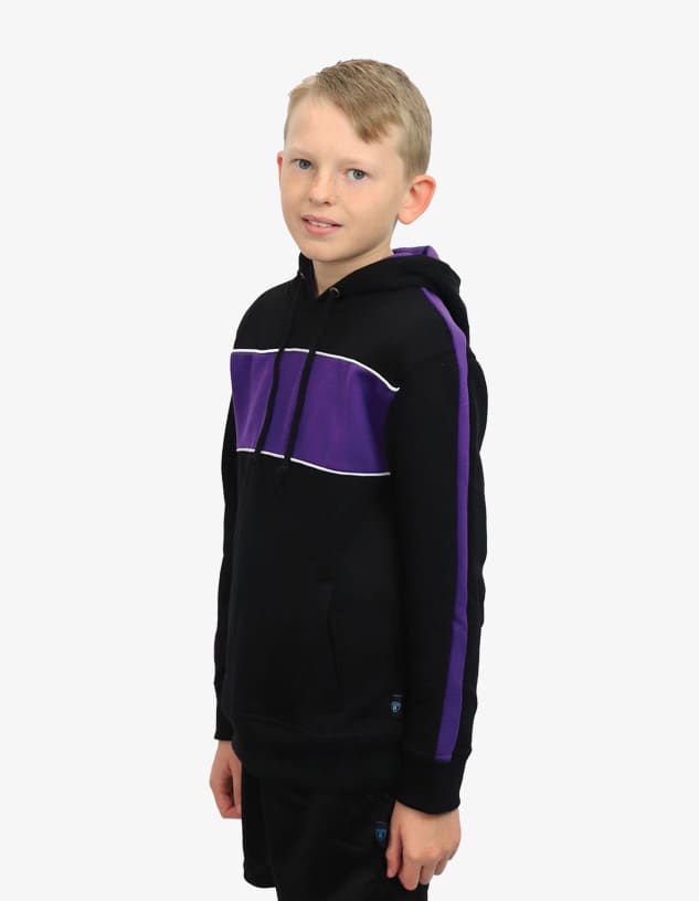 A black hoodie featuring a purple stripe across the chest and down the sleeves, modelled by a child.