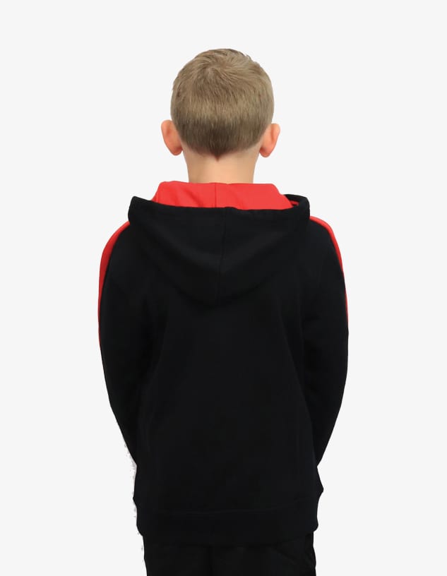 A black and red hooded jumper with a front kangaroo pocket, viewed from the back, featuring a logo.