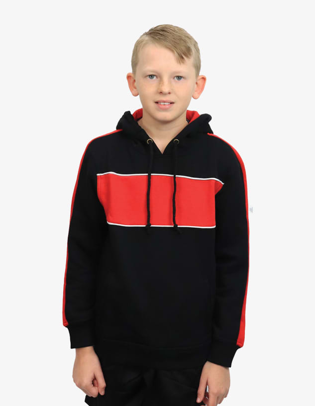 A black hoodie with red and white stripes, featuring a hood and a logo. The model is a young boy.