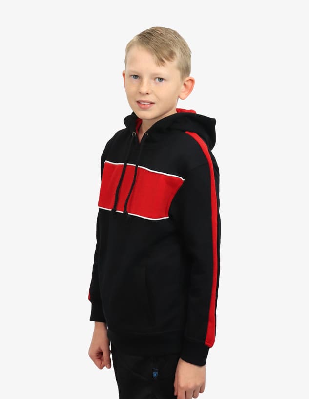 A black hoodie with red stripes and a logo, featuring a hood and a relaxed fit.