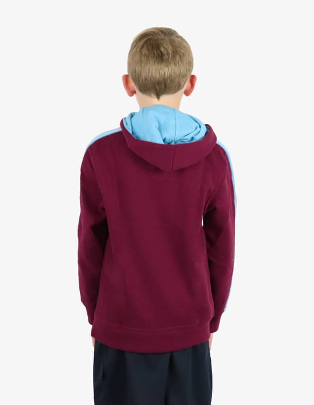 A maroon hoodie with a light blue hood and a logo on the back. The wearer is facing away from the viewer.