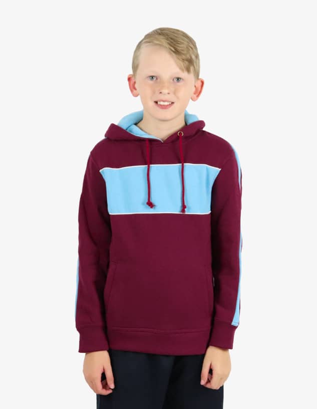 A maroon and light blue hoodie featuring a front stripe design and a hood. It has a logo on one side.