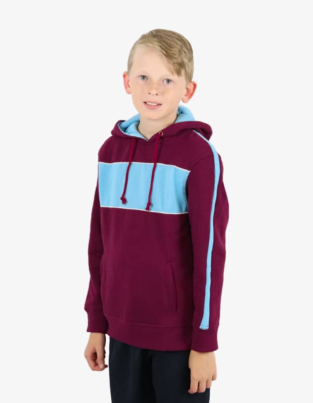 A maroon and light blue hoodie with a front pocket and a hood, featuring colour block design.