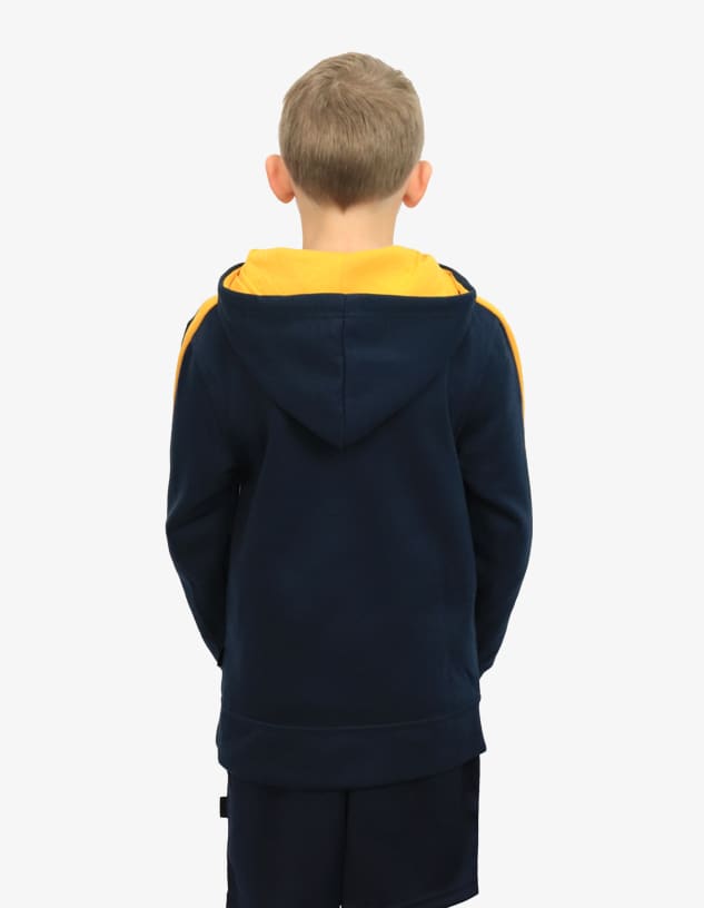 A navy blue hoodie with a yellow hood, featuring a logo on the back, worn by a child.