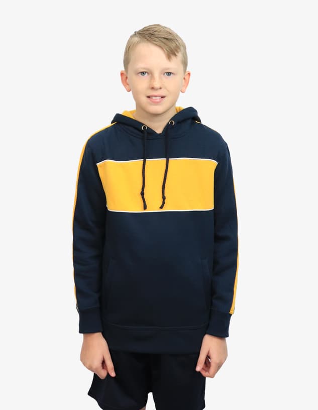 A navy and yellow hooded jumper featuring a striped design and a drawstring hood, worn by a young boy.
