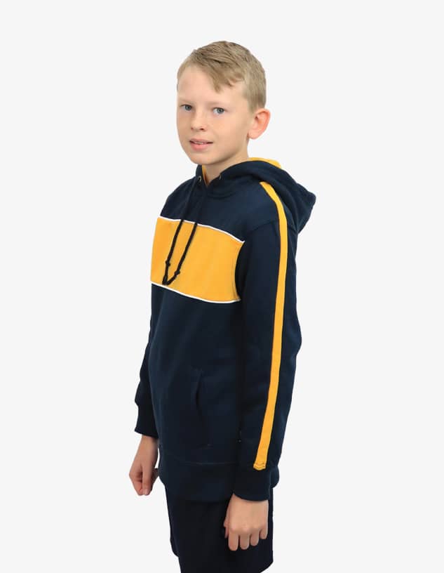 A navy hoodie with a yellow stripe across the chest and on the sleeves, featuring a logo.
