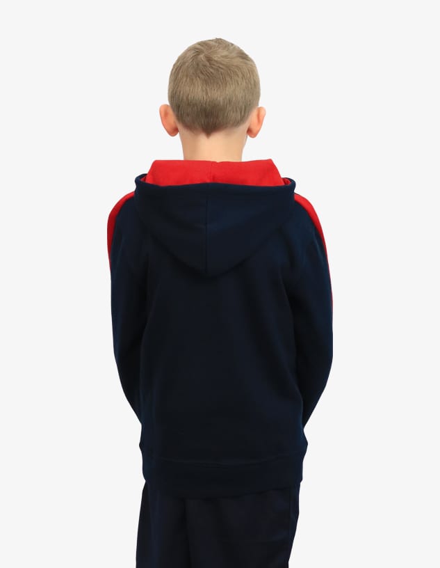 A navy and red hoodie with a hood, viewed from the back, worn by a child. The image features branding.