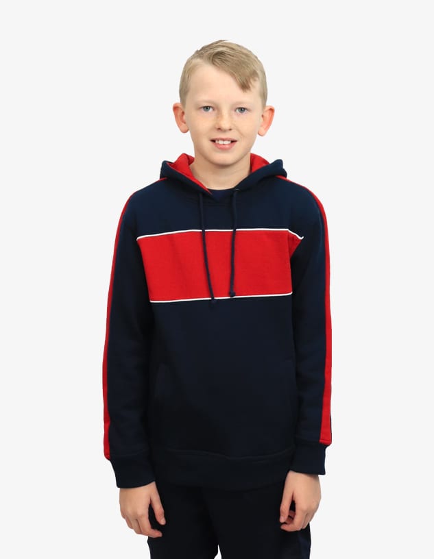 A navy and red hoodie featuring a striped design and a hood. The model is smiling and standing against a plain background.