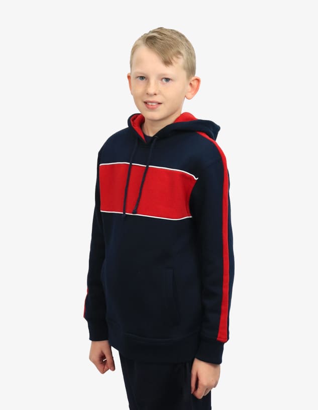 A navy blue hoodie featuring a red and white striped design and a front pocket. Includes a logo on the chest.