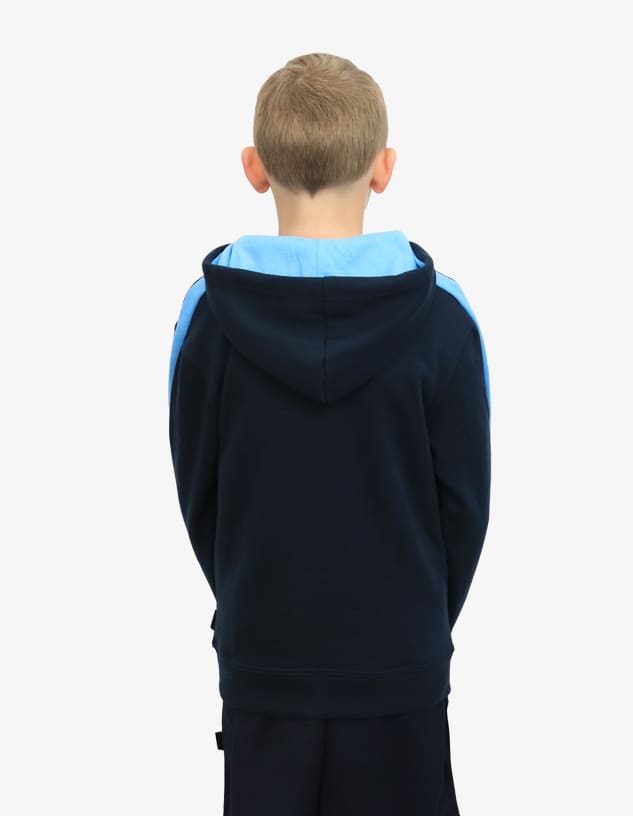 A hooded jumper in navy blue with light blue accents, featuring a logo. Suitable for kids.